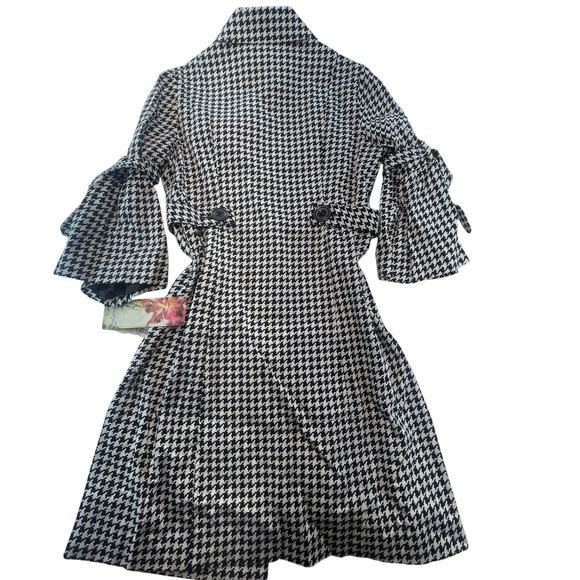 Lapis Houndstooth Trench Coat Women's Size M Black White Tie‎ Sleeve - Picture 8 of 9